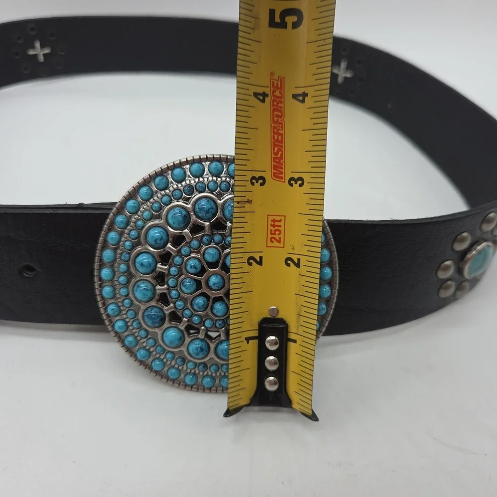 Vintage Boho Genuine Leather Belt Turquoise Stone Medallion Buckle Western LARGE